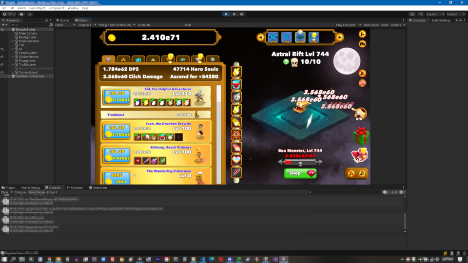 Clicker Heroes running in the Unity3D editor